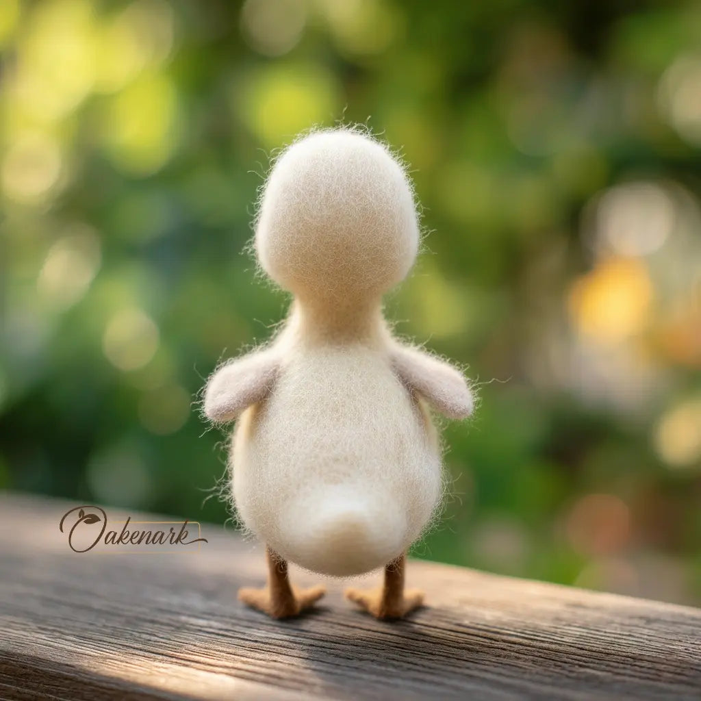 White felted duck toy on a wooden surface with a blurred natural background
