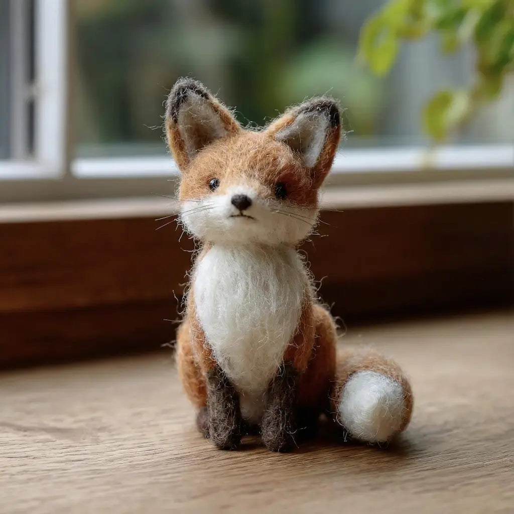 Woodland red fox wool felt figurine sitting with a white chest and bushy tail