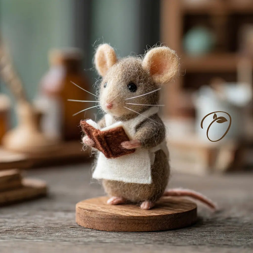 Felted mouse holding a book on a wooden stand with a blurred background