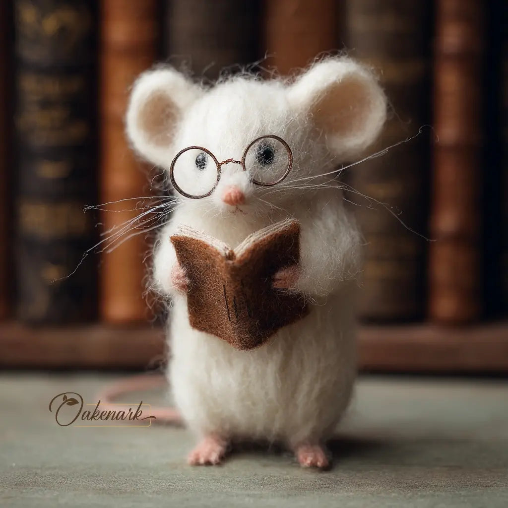 White mouse figurine wearing glasses and holding a book in front of books