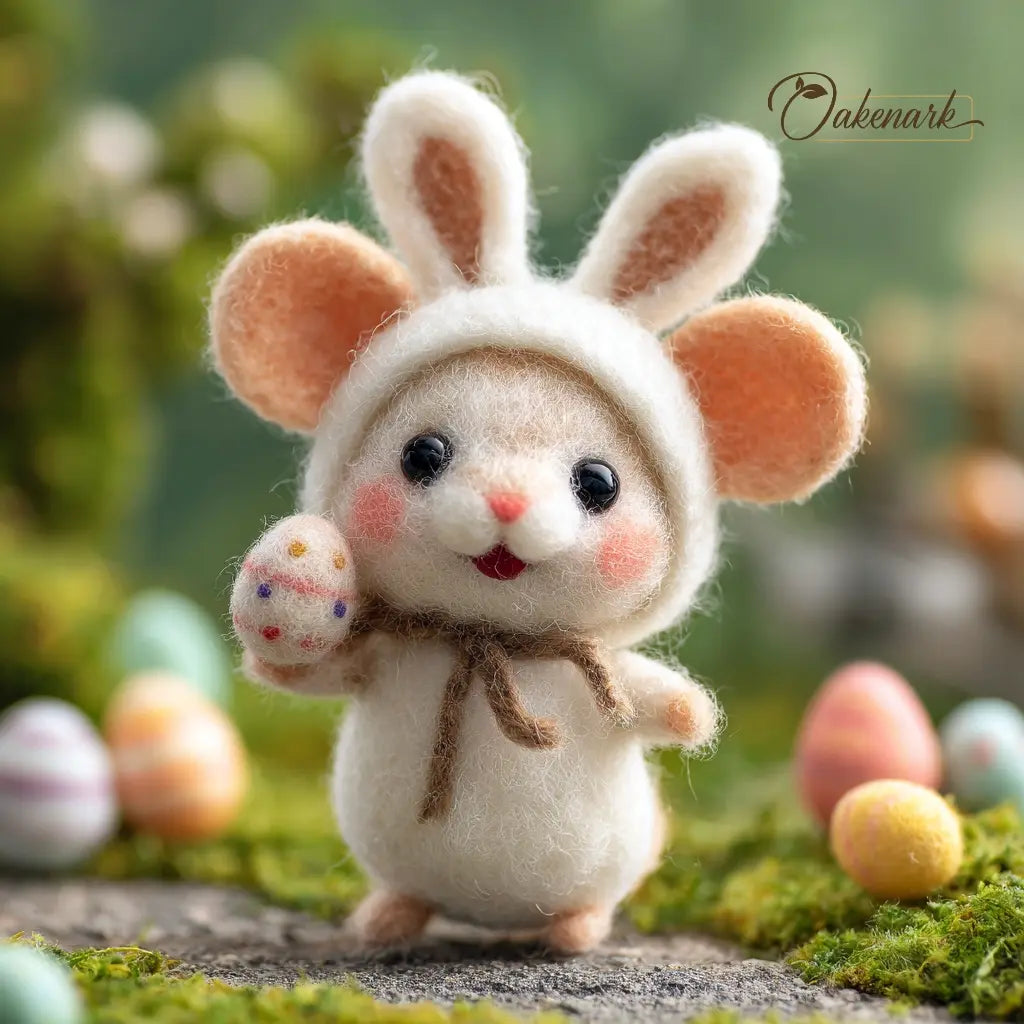 Toy mouse in a bunny costume with Easter eggs in the background