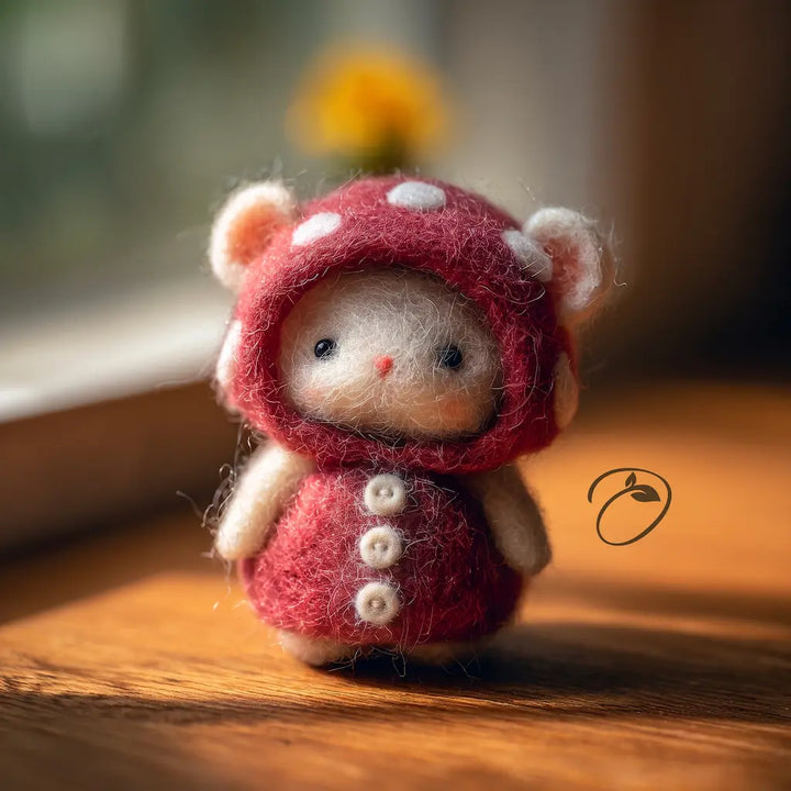 A small felted wool doll dressed in a red hooded outfit with white polka dots and white buttons, standing on a wooden surface in warm natural light.