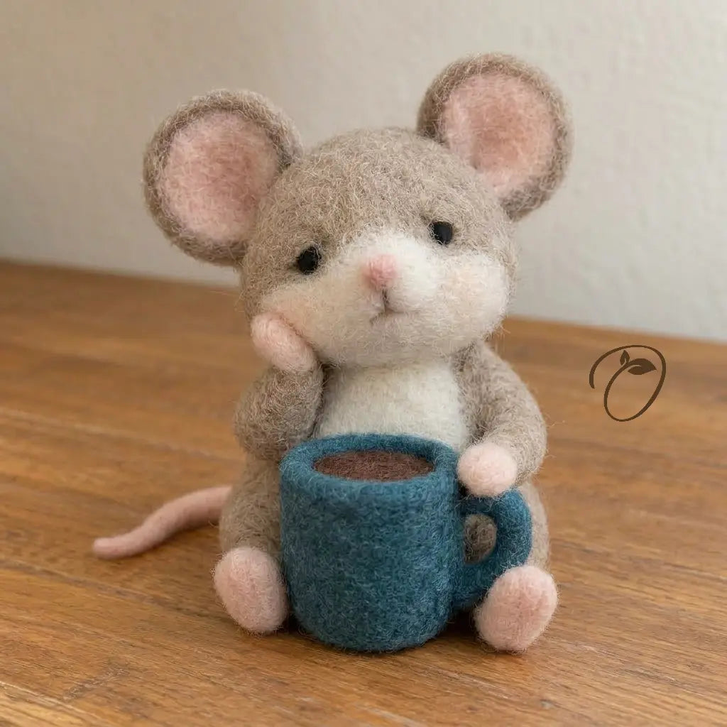 Back view of handcrafted wool felt mouse with long pink tail