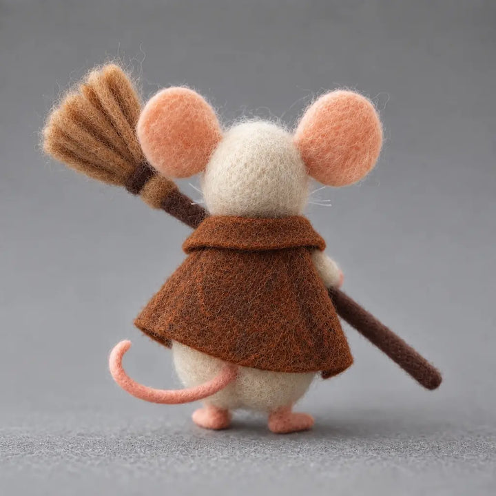 Back view of Little Helper Mouse felt figurine showing a neat brown cape collar and pink tail
