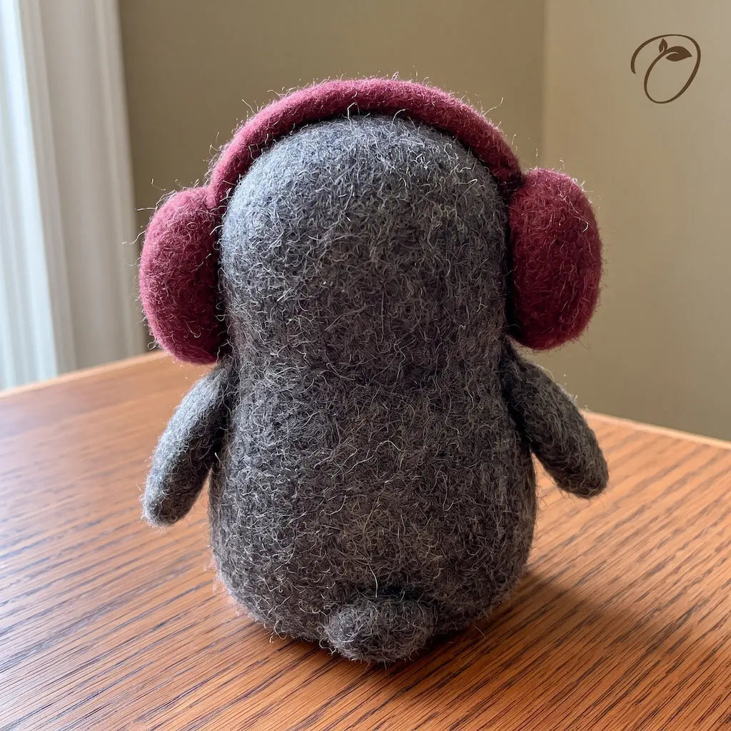 Burgundy Earmuff Penguin Felt Figurine