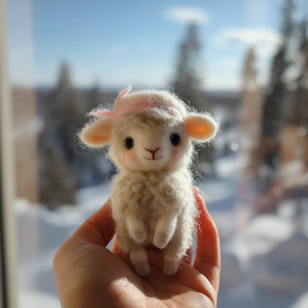 Small fluffy toy lamb held in a hand with a blurred outdoor background