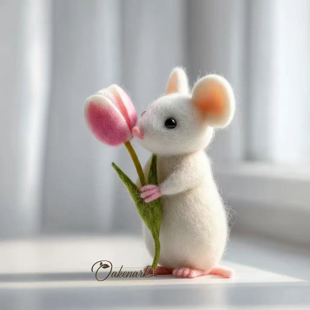 White mouse figurine holding pink tulips against a light background