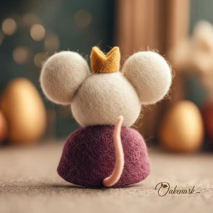 Felted mouse figurine with a crown on a blurred background