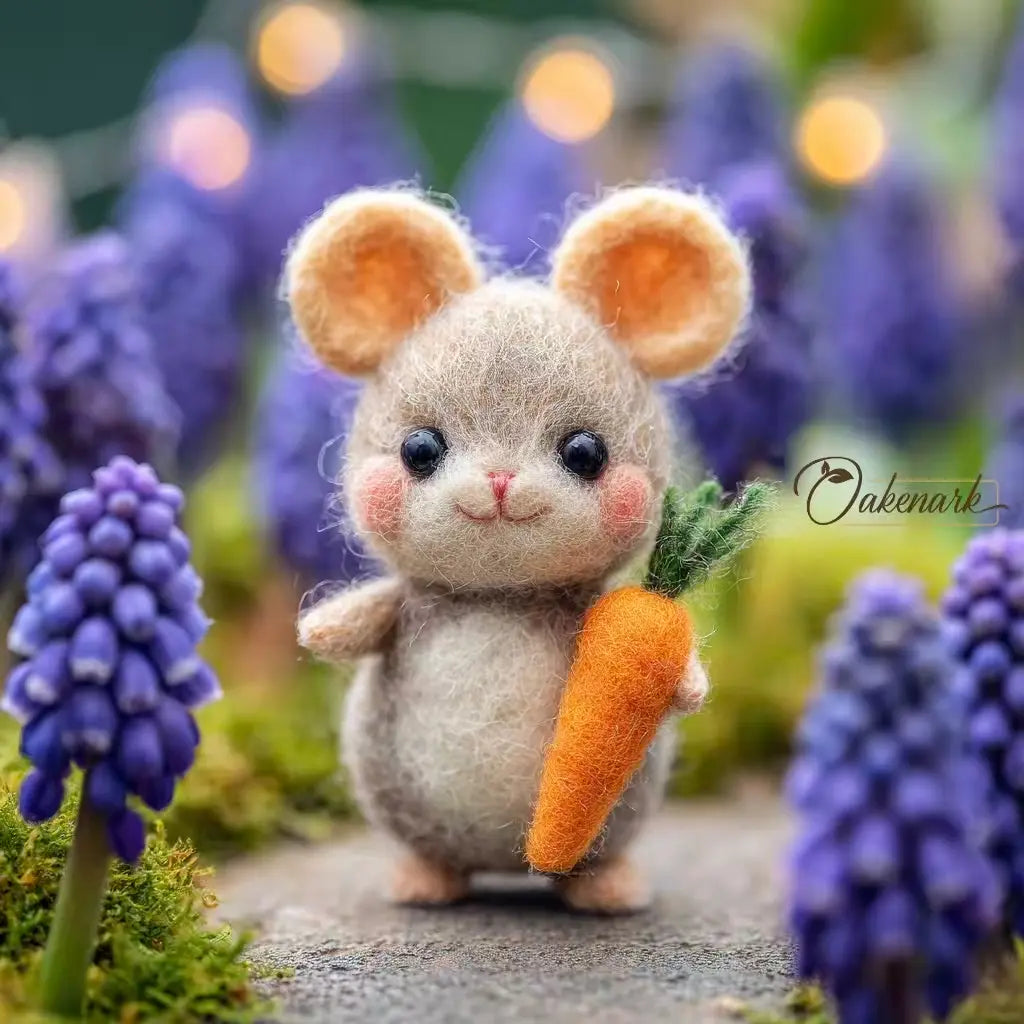Toy mouse holding a carrot among purple flowers