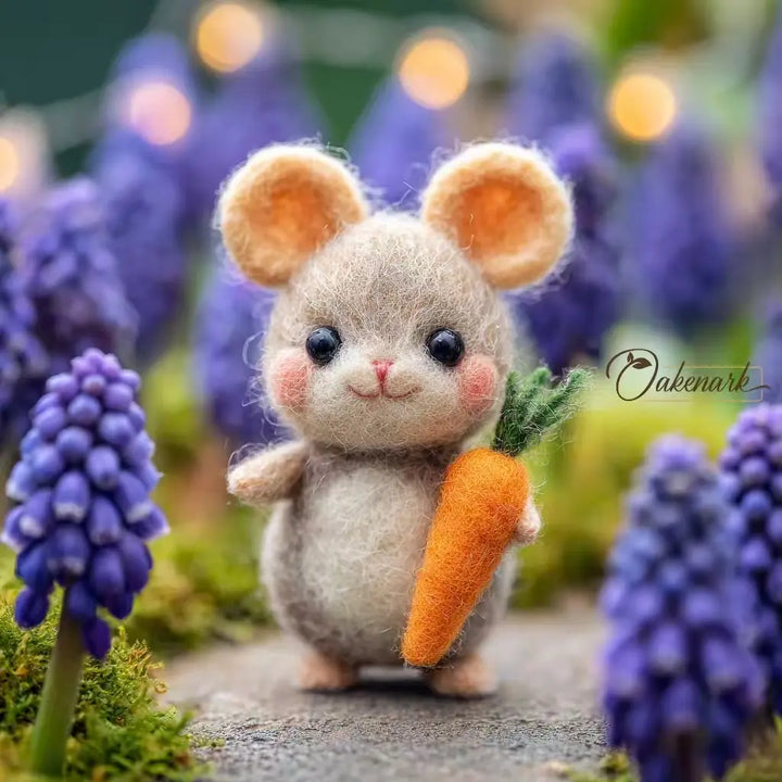 Toy mouse holding a carrot among purple flowers