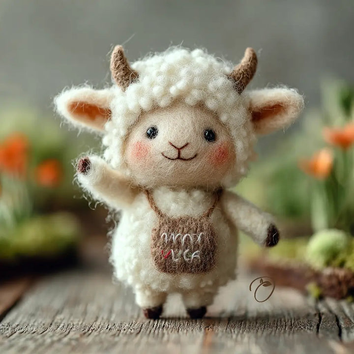Small plush toy goat with a blurred natural background