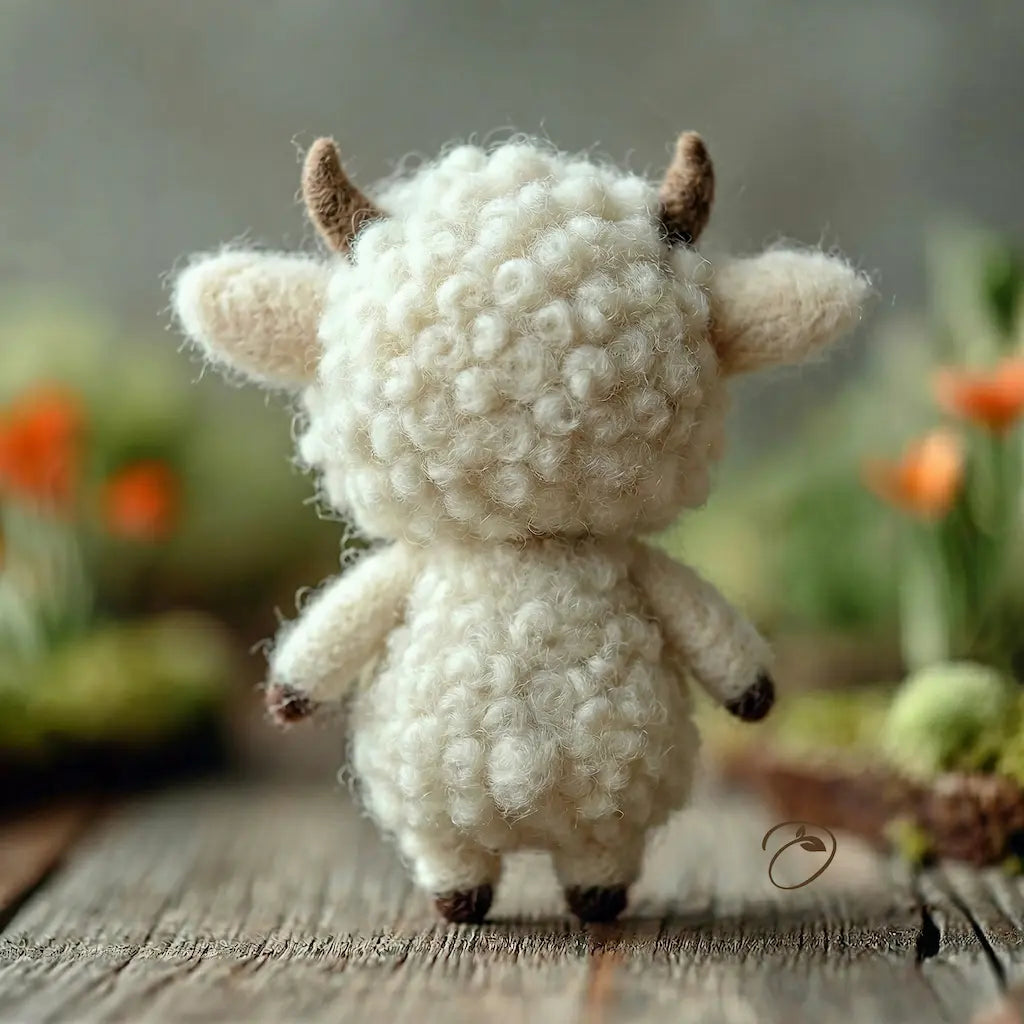 Small white plush toy with brown horns on a wooden surface with a blurred natural background