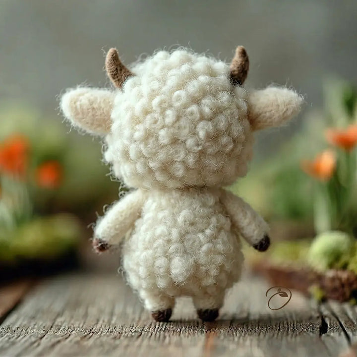 Small white plush toy with brown horns on a wooden surface with a blurred natural background