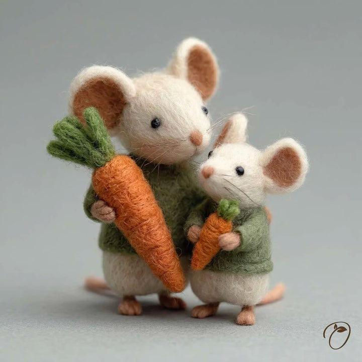 Two toy mice in green sweaters holding carrots on a gray background