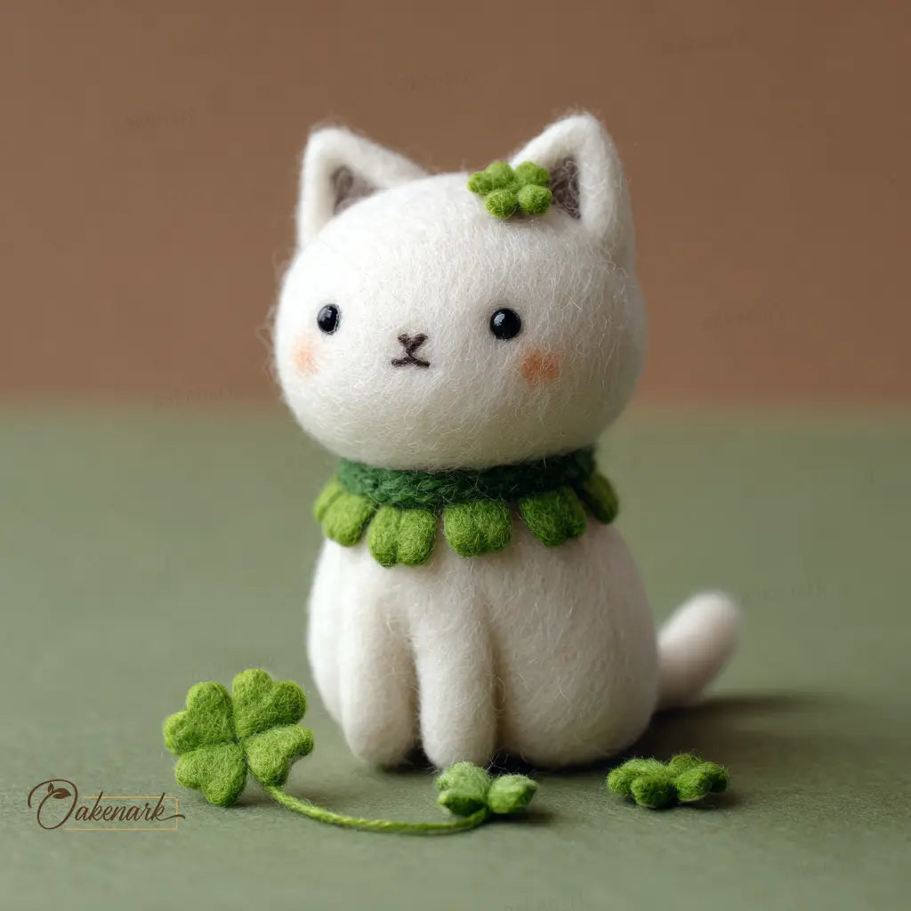 White cat plush toy with green scarf and leaves on a brown background