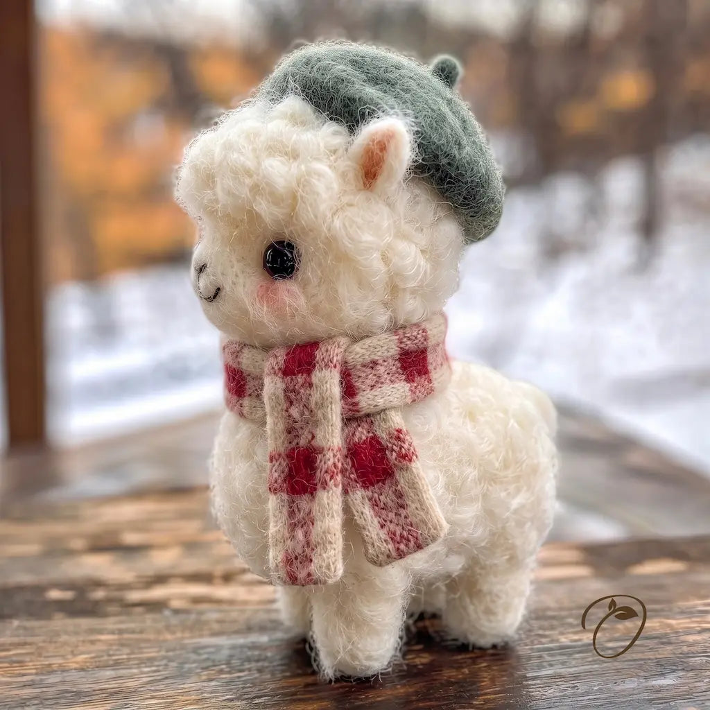 A small fluffy white alpaca figurine wearing a dark green beret and a red-and-cream plaid scarf, standing on a wooden surface with a blurred outdoor winter background.