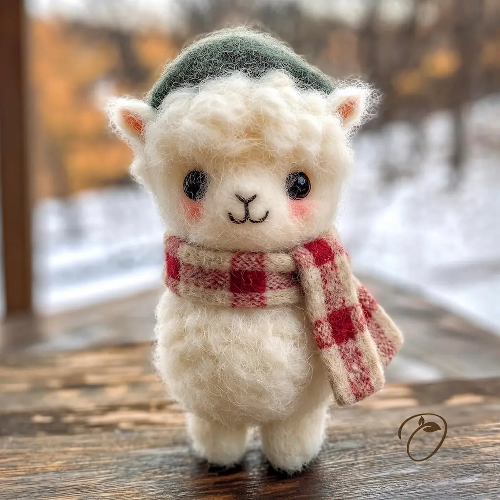 A small felted wool alpaca doll wearing a dark green beret and a red-and-beige plaid scarf, standing on a wooden surface with a blurred outdoor winter background.