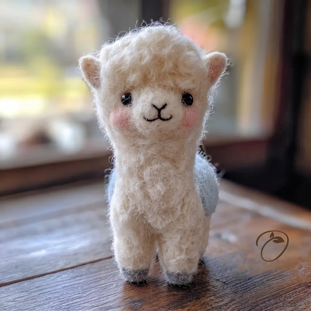 A small felted wool alpaca figurine with cream-colored fur, black embroidered eyes and nose, and pink cheek details, standing on a wooden surface with a softly blurred indoor background.