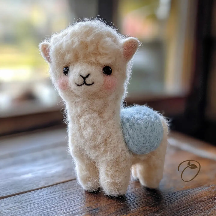 A small felted wool alpaca figurine with fluffy cream-colored wool, pink cheeks, black embroidered eyes and nose, and a light blue wool tail, standing on a wooden surface with a softly blurred indoor background.