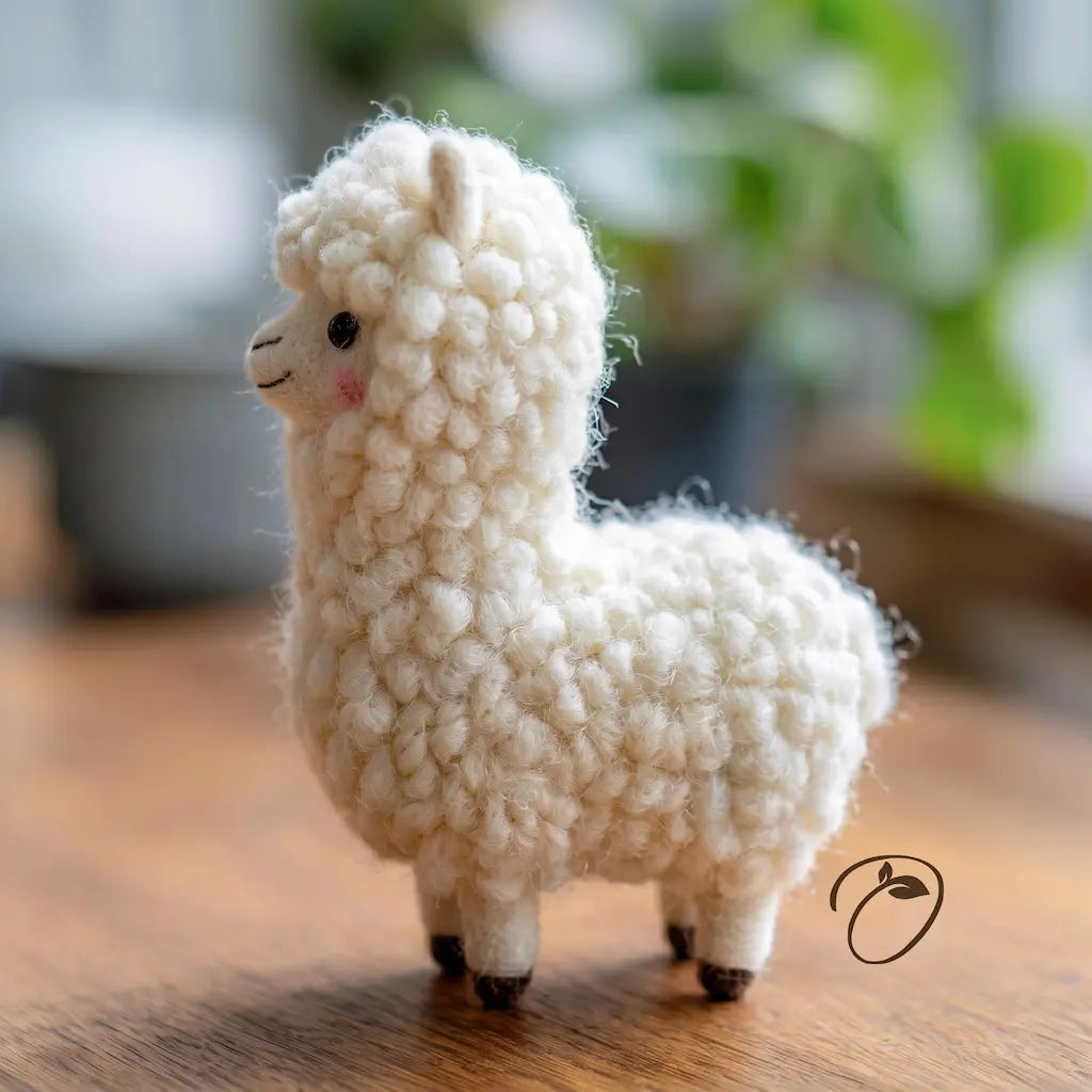 Side view of a handmade cream alpaca wool figurine with curly texture