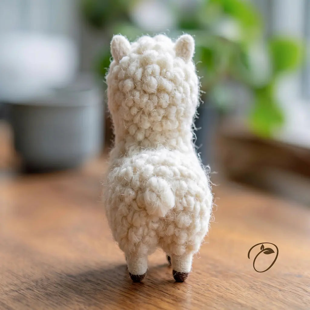 Back view of handmade fluffy alpaca figurine in natural wool