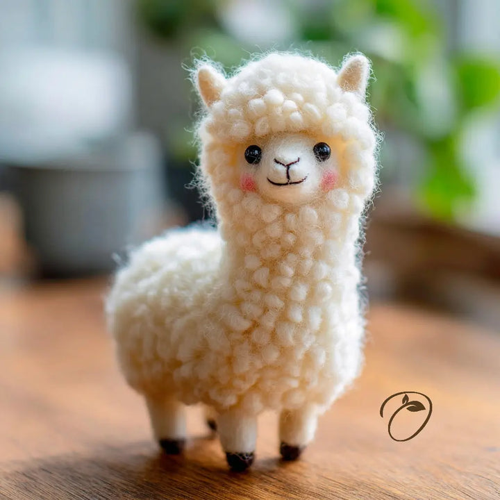 Handmade wool alpaca figurine with fluffy cream curls and a smiling face