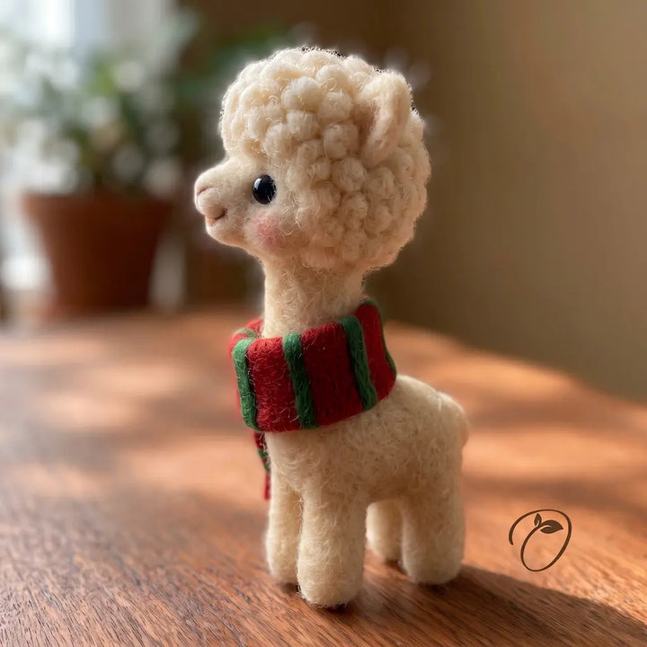A small felt alpaca figurine with curly cream wool, a black bead eye, and a red and green striped scarf, standing on a wooden surface with a softly blurred indoor background.