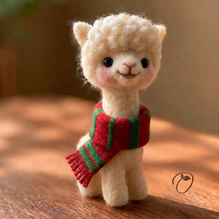 A small cream-colored alpaca figurine with a red and green striped scarf, sitting on a wooden surface with a warm, blurred background.