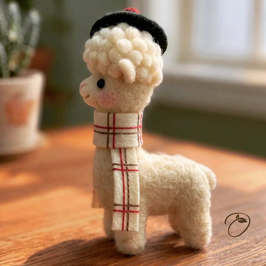Side view of a wool alpaca figurine with curly fleece and checked scarf
