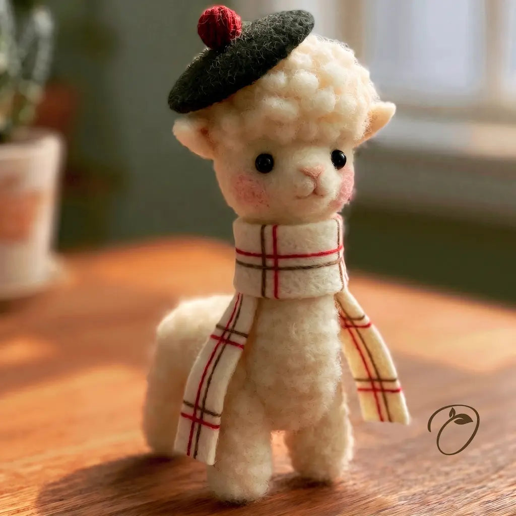 Handmade Highland alpaca figurine wearing a dark beret and plaid scarf