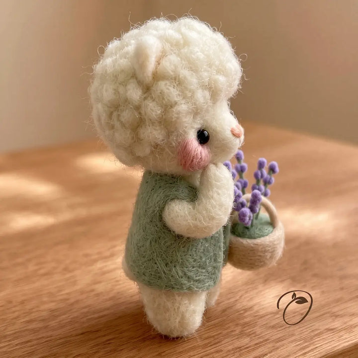 Side view of a wool alpaca with curly fleece and lavender basket