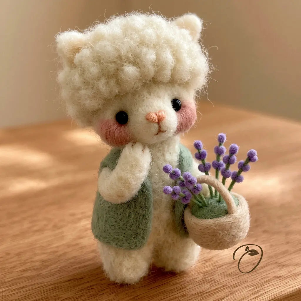 Handmade lavender alpaca figurine carrying a miniature flower basket