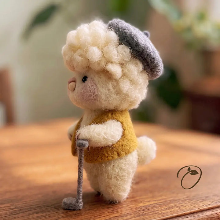 Side view of a wool alpaca gentleman holding a miniature golf club