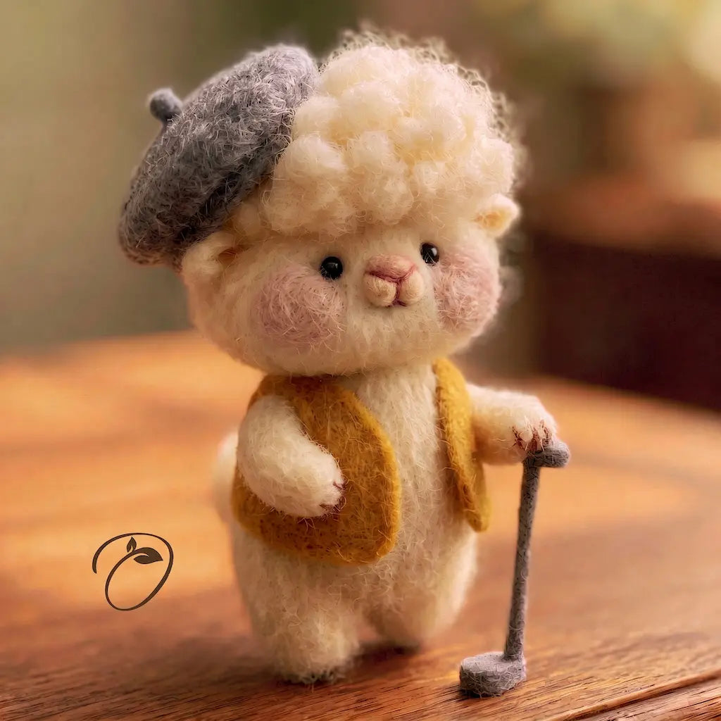 Handmade alpaca golfer figurine wearing a grey beret and mustard vest