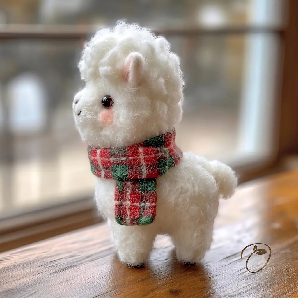 Side view of a wool felt winter alpaca figurine with festive plaid scarf