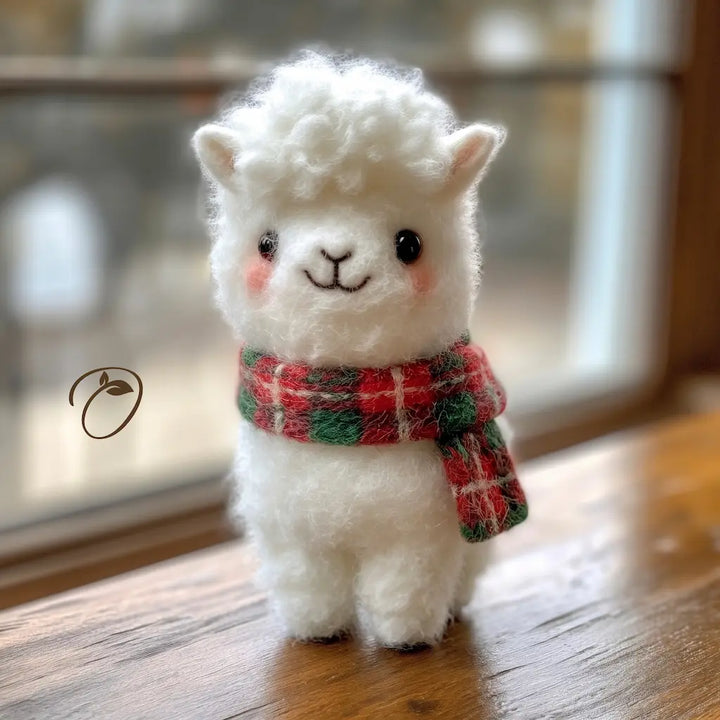 Front view of a handmade white alpaca figurine wearing a red and green tartan scarf