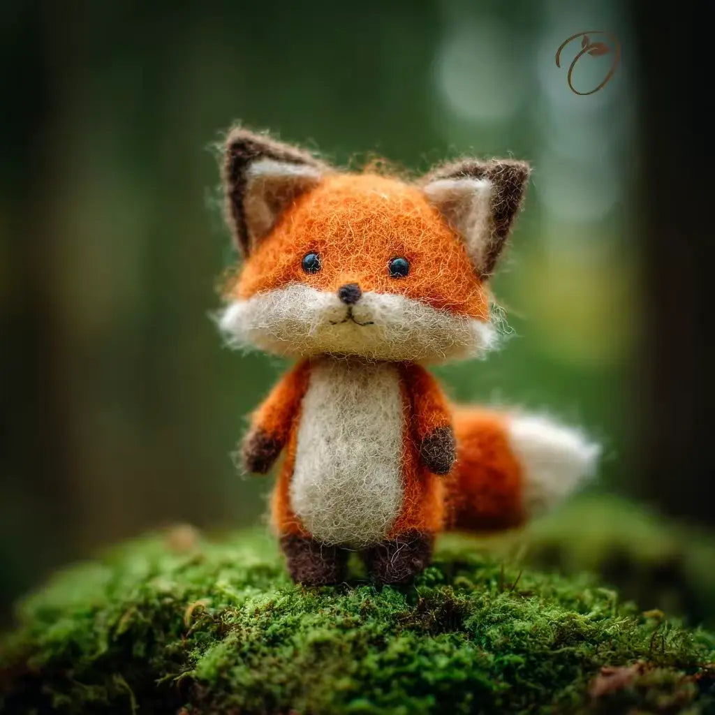 Felted fox figurine on a mossy surface with a blurred forest background
