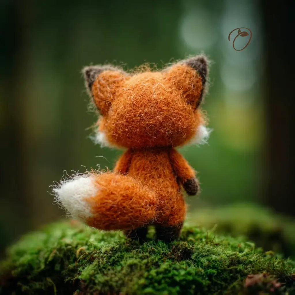 Small fox figurine on a mossy surface with a blurred forest background