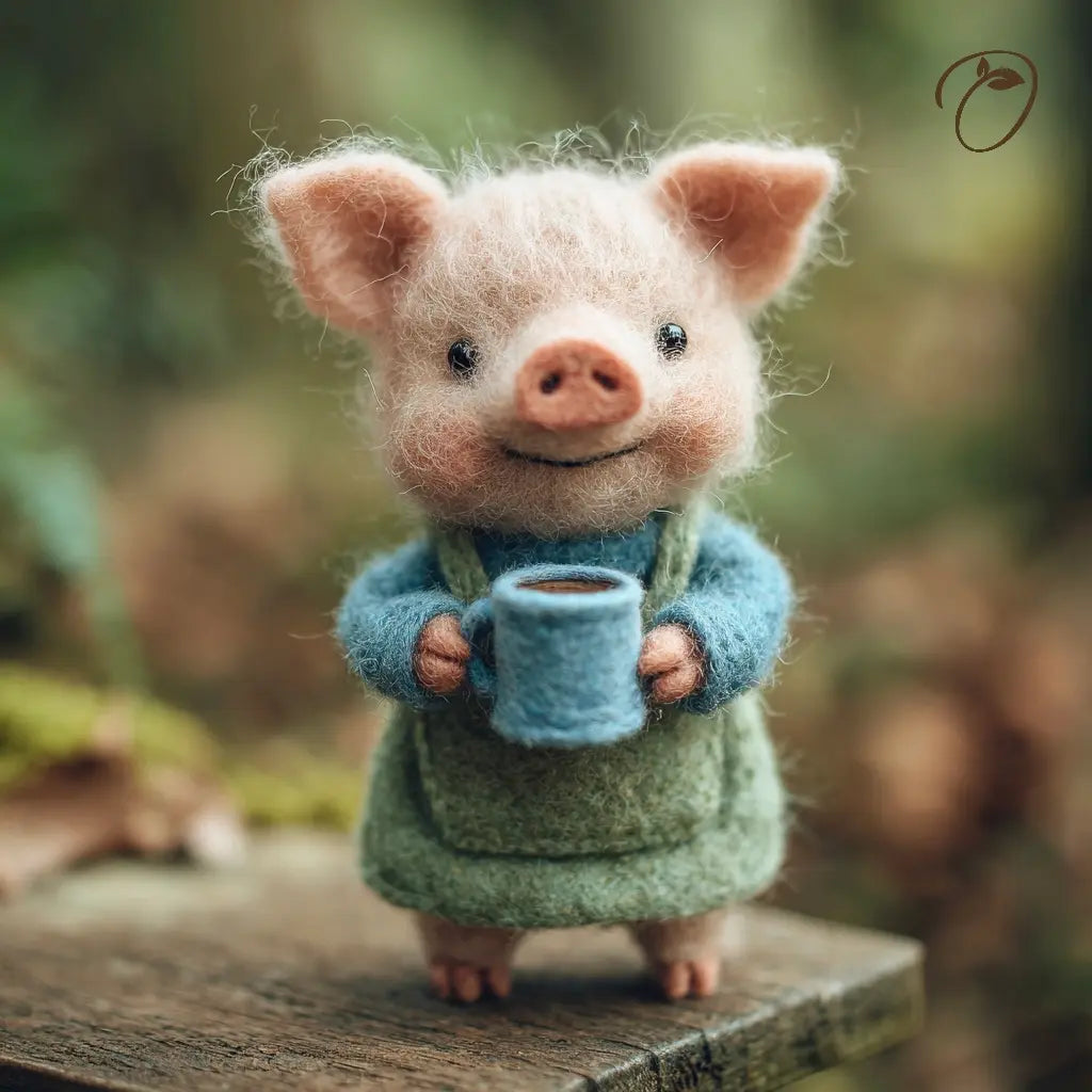 Toy pig wearing a sweater holding a cup with a blurred natural background
