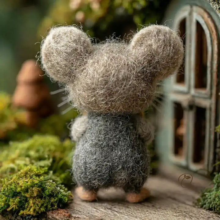 Felted wool mouse toy standing on a wooden surface with a blurred natural background