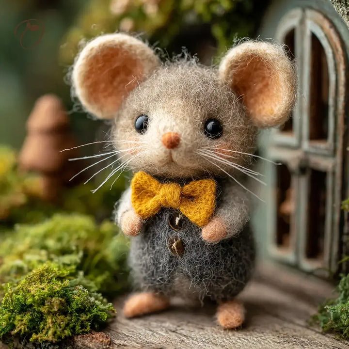 Felted mouse with a yellow bow tie in a natural setting