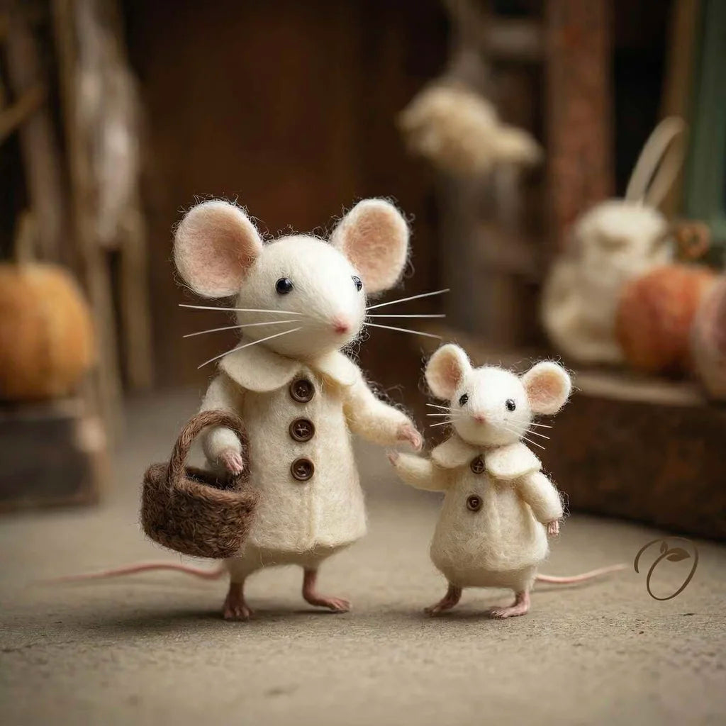 Two toy mice, one larger and one smaller, standing together with a basket.