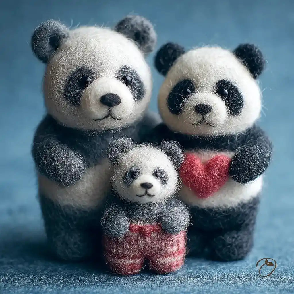 Three panda-shaped toys on a blue background