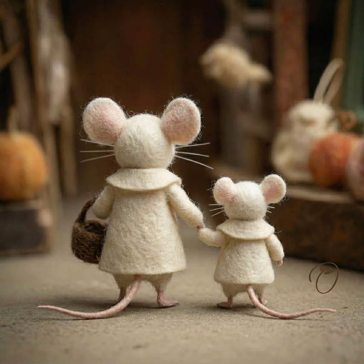 Two stylized mouse figures in knitted outfits holding hands in a warm, rustic setting.