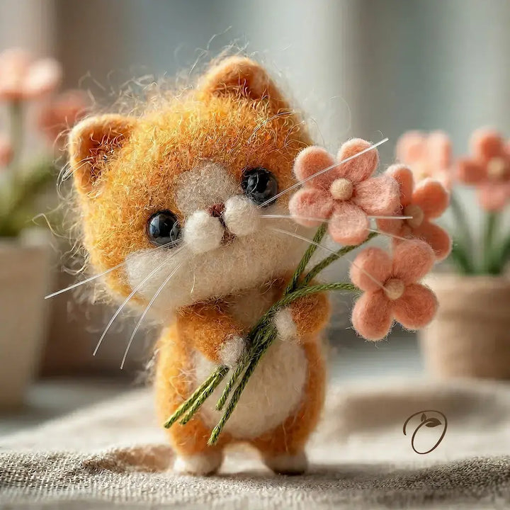 Felted cat figurine holding pink flowers with a blurred floral background