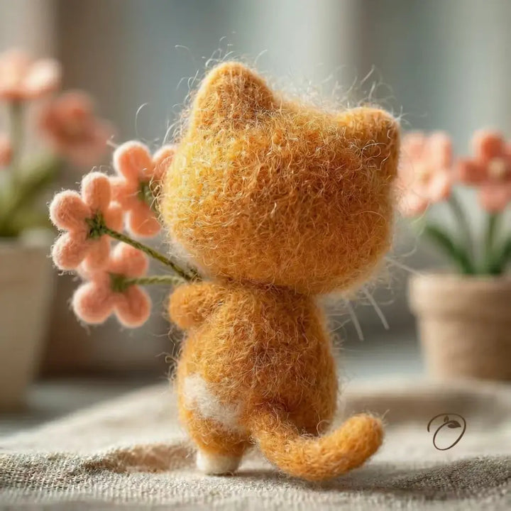 Small orange cat figurine holding pink flowers on a textured surface with plants in the background
