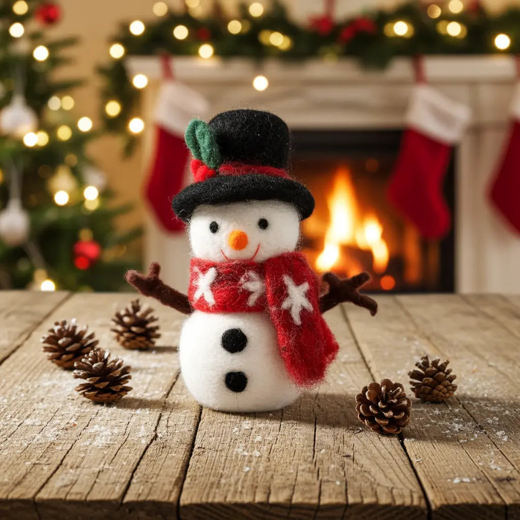 Felted snowman figurine with a black hat, red scarf, and carrot nose, sitting on a wooden table in front of a glowing Christmas tree