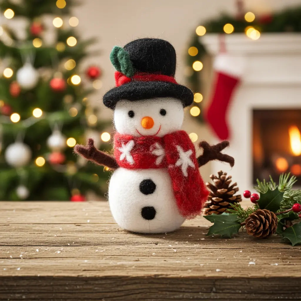 Small snowman figurine with a red scarf and black top hat, standing on a snowy wooden table with pinecones and a blurred fireplace background