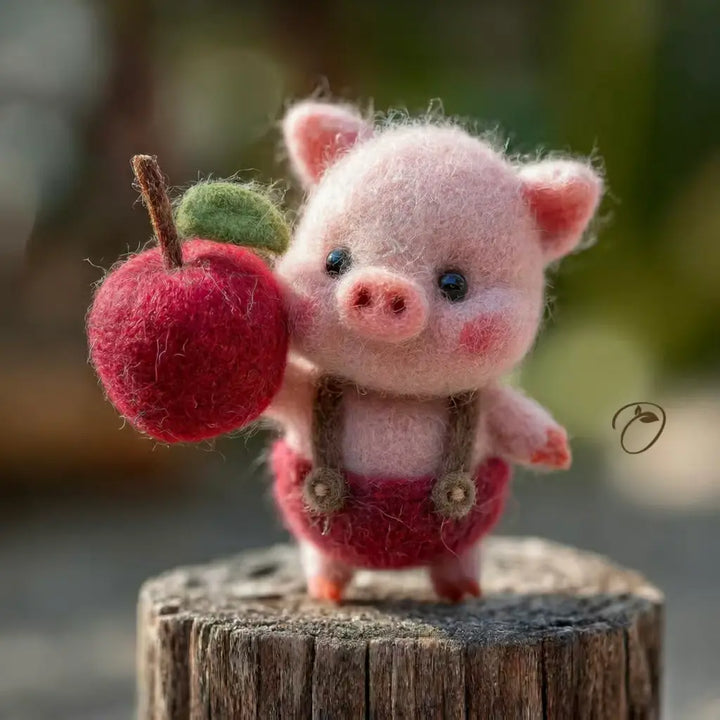 Small pink pig figurine holding a red apple on a wooden stump with a blurred natural background