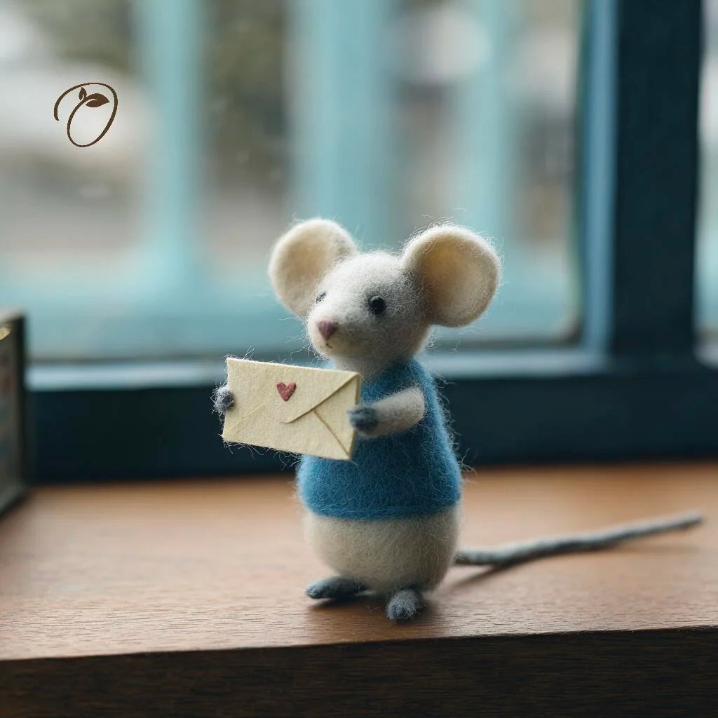 Felted mouse toy holding a letter with a heart on a wooden surface.
